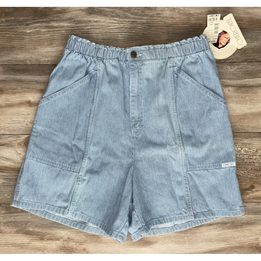 Vtg Cherokee Lt Blue Denim Shorts Pinstripes Waist Size L